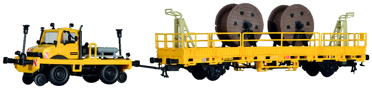 Modelová železnice - H0 Kombinovaný automobil UNIMOG U 2400 s železničním vozem - stavebnice