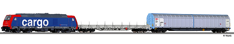 Modelová železnice - TT Analogový set - vlak s lokomotivou TRAXX BR285 SBB s kolejemi s podložím