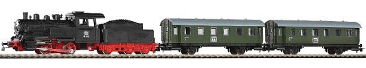 Modelová železnice - H0 HOBBY set - vlak s parní lokomotivou s tendrem s kolejemi s podložím