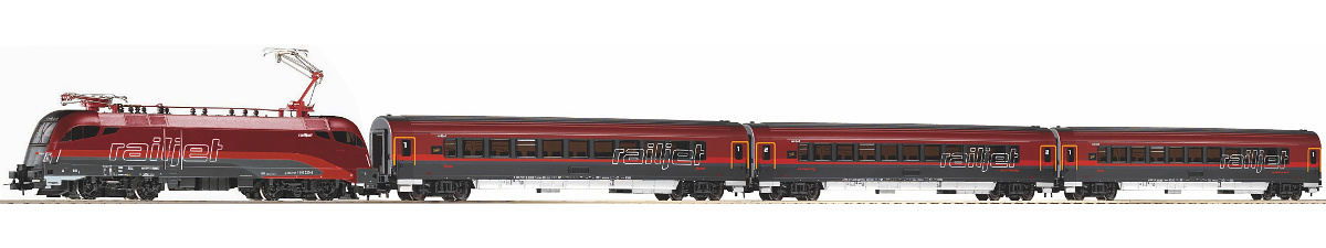 Modelová železnice - H0 Analogový set - vlak s lokomotivou Railjet ÖBB s kolejemi s podložím