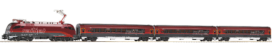 Modelová železnice - H0 Analogový set - vlak s lokomotivou Railjet ÖBB s kolejemi s podložím