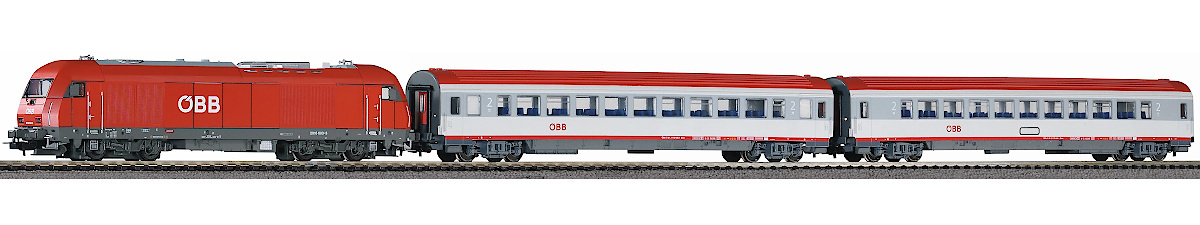 Modelová železnice - H0 Digitální set - vlak s lokomotivou Rh2016 ÖBB s kolejemi s podložím