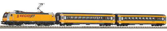 H0 Digitální set - vlak s lokomotivou 386 Regiojet s kolejemi s podložím
