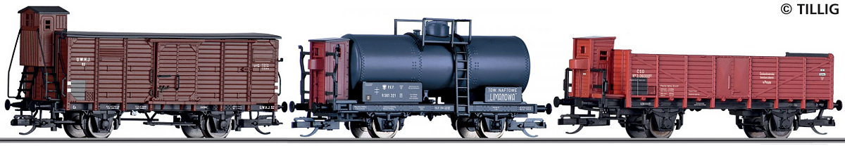 Modelová železnice - TT 3ks Otevřený, krytý a cisternový vůz, ČSD / UWHJ / PKP, Ep.II