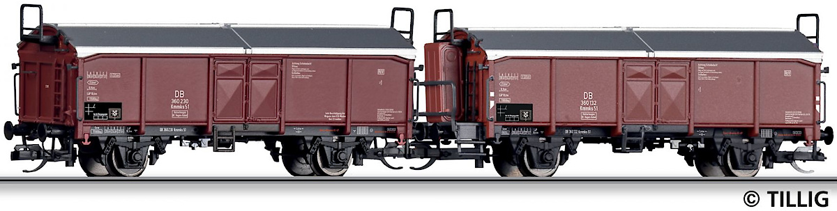 Modelová železnice - TT 2ks Vůz s posuvnou střechou Kmmks51, DB, Ep.IV