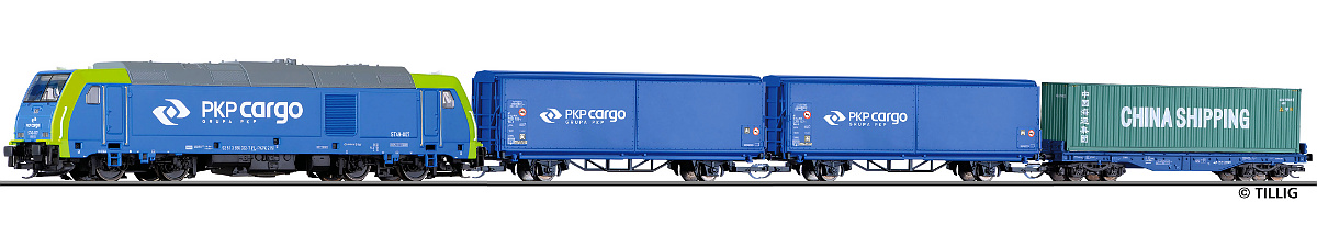 Modelová železnice - TT Analogový set - vlak s lokomotivou TRAXX PKP Cargo s kolejemi s podložím