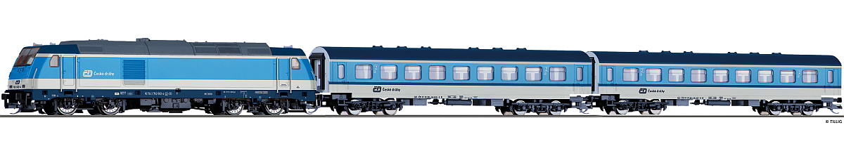 Modelová železnice - TT Analogový set - vlak s lokomotivou TRAXX ČD s kolejemi s podložím