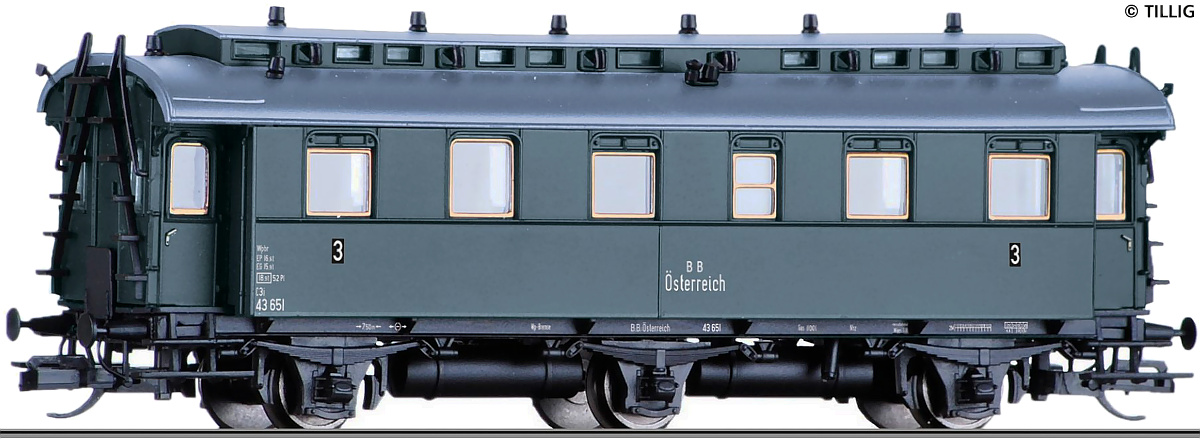 Modelová železnice - TT Osobní vůz 3.tř., BBÖ, Ep.III